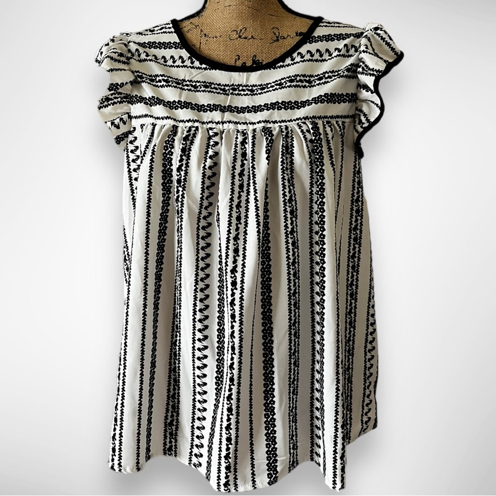EMERY ROSE Black and White Cap Flounce Sleeve Boho Top XL | EUC‎